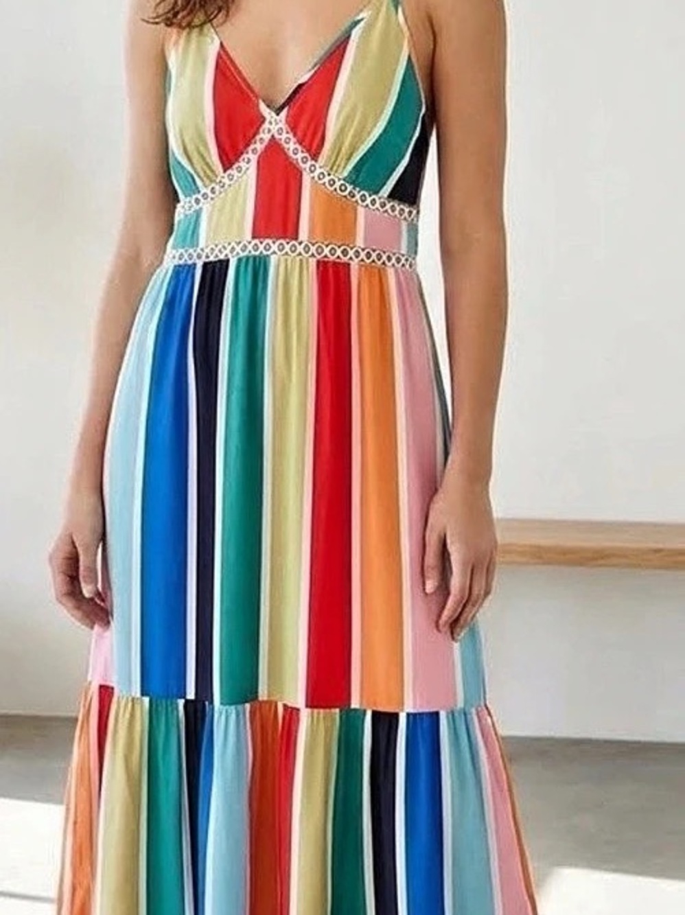 Colorful Vertical Stripe Tiered Maxi Dress with Lace Trim